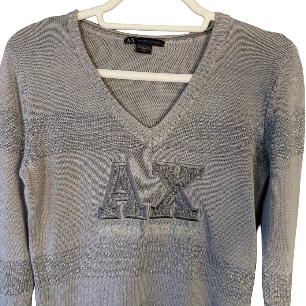 Armani Exchange Light Gray Metallic V-Neck Sweater Size S Minimalist Designer - Picture 11 of 14
